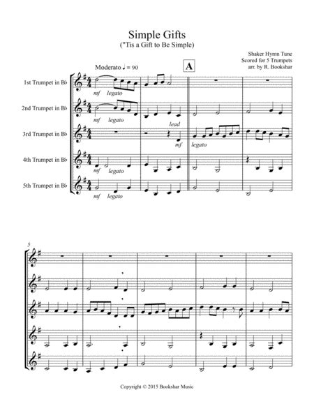 Simple Gifts ('Tis The Gift To Be Simple) (F) (Brass Quintet - 2 Trp, 1 Hrn, 1 Trb, 1 Tuba) (Trombon
